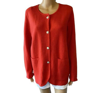 Marled Red Sweater Cardigan Knit Button Up Pocket Comfort Lady M-L Cozy Career